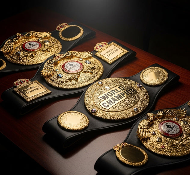 Major boxing belts from top boxing organizations, including WBA, WBC, IBF and WBO