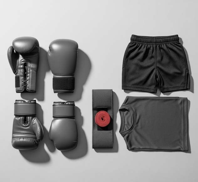 boxing clothes outfit, including boxing shorts, shoes, gloves and training gear, inside a boxing gym