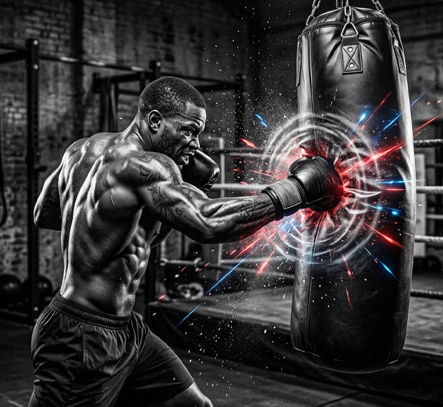 boxer training punching power on a heavy punching bag during boxing practice