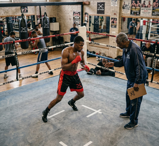 Boxer demonstrating l-step boxing footwork technique for ring movement and footwork training