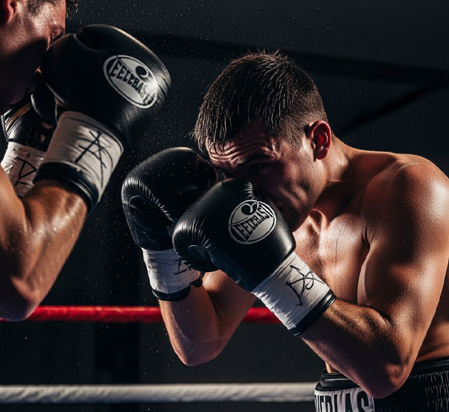 A boxer demonstrating how to block punches using high guard parry and defensive techniques