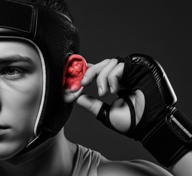 Fighter wearing boxing headgear to prevent cauliflower ear during sparring session