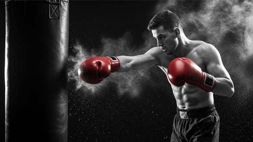 Athlete training with a heavy punching bag in a boxing gym