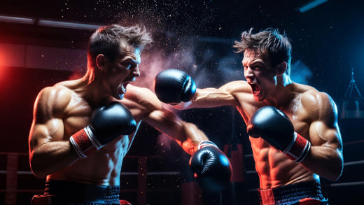 Boxers sparring in a supervised training session wearing protective gear