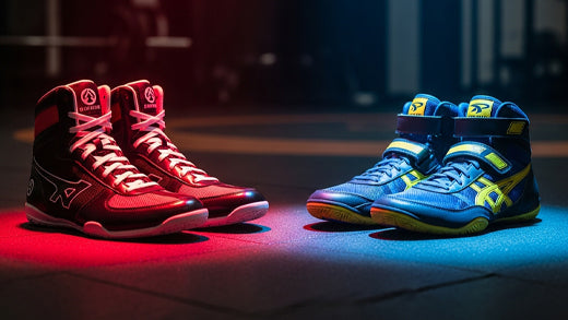 Close-up of an athlete comparing boxing shoes vs wrestling shoes on a gym floor