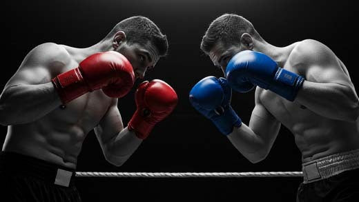 Boxer training with blue and red boxing gloves in the ring