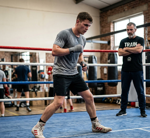 Beginner boxer demonstrating proper boxing footwork stance and movement techniques in a gym