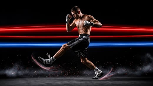 Boxer demonstrating the L-step in boxing with proper gloves and boxing shoes