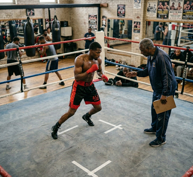 Boxer demonstrating l-step boxing footwork technique for ring movement and footwork training